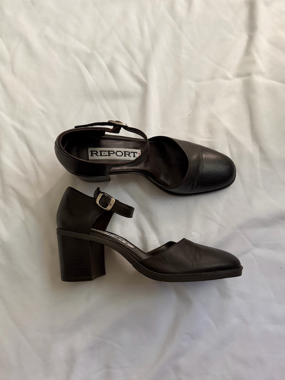 Report Brown Leather Mary Jane Block Heel with Ankle Strap